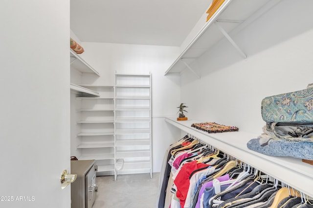 walk in closet featuring light colored carpet