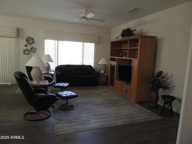15104 W Pinehurst Ln W, Surprise, AZ 85374 - living room featuring a ceiling fan, visible vents, and wood finished floors