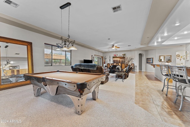 game room with indoor bar, pool table, ceiling fan, and light tile patterned flooring