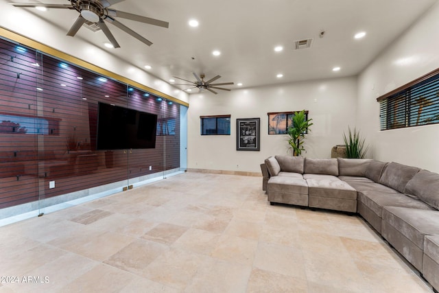 living room with ceiling fan