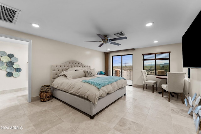 bedroom featuring ceiling fan and access to exterior