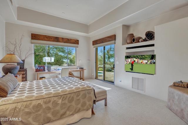 carpeted bedroom with multiple windows, a raised ceiling, and access to exterior