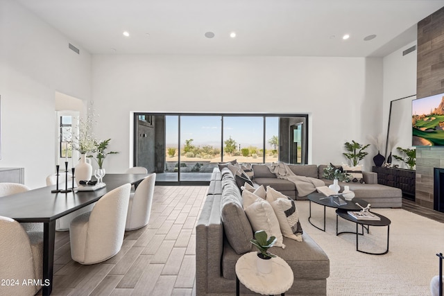 living room featuring a towering ceiling, a fireplace, and light hardwood / wood-style floors