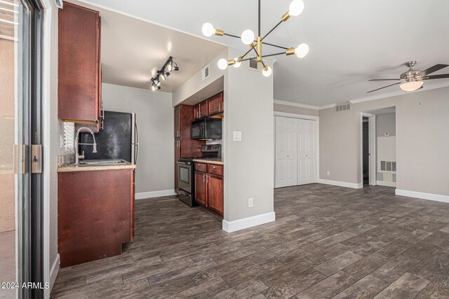 kitchen with backsplash, ceiling fan with notable chandelier, ornamental molding, rail lighting, and black appliances