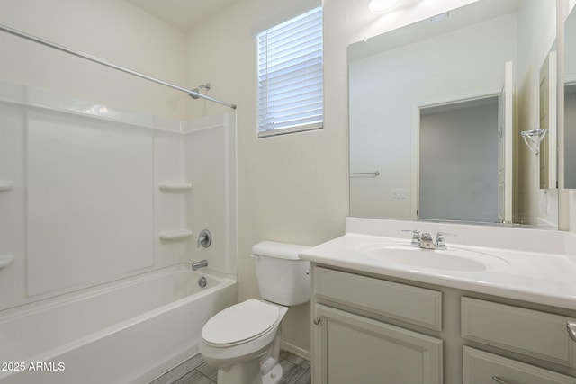 full bathroom with vanity, hardwood / wood-style flooring, shower / bathing tub combination, and toilet