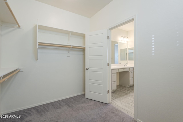 spacious closet featuring light carpet and sink