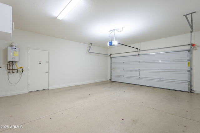 garage with a garage door opener and water heater