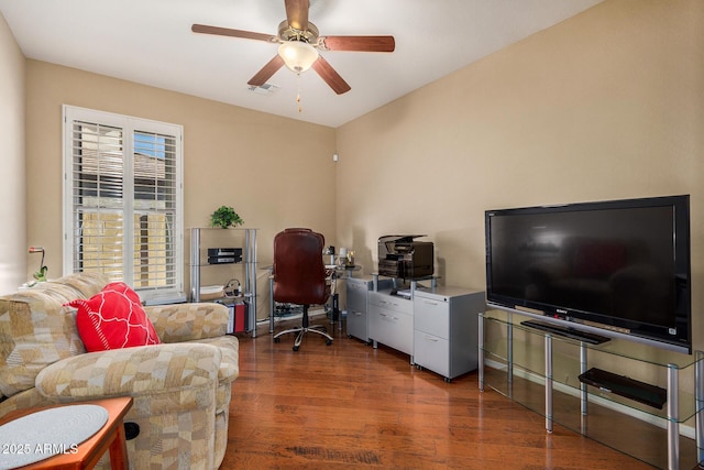 office featuring dark hardwood / wood-style flooring and ceiling fan