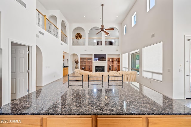 19242 W Pasadena Ave, Litchfield Park, AZ 85340 - kitchen featuring healthy amount of natural light, a high ceiling, ceiling fan, built in features, and a fireplace