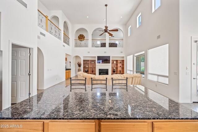19242 W Pasadena Ave, Litchfield Park, AZ 85340 - kitchen featuring healthy amount of natural light, a high ceiling, ceiling fan, built in features, and a fireplace