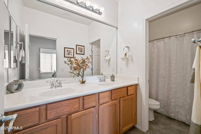 19242 W Pasadena Ave, Litchfield Park, AZ 85340 - bathroom featuring double vanity, toilet, tile patterned flooring, and curtained shower