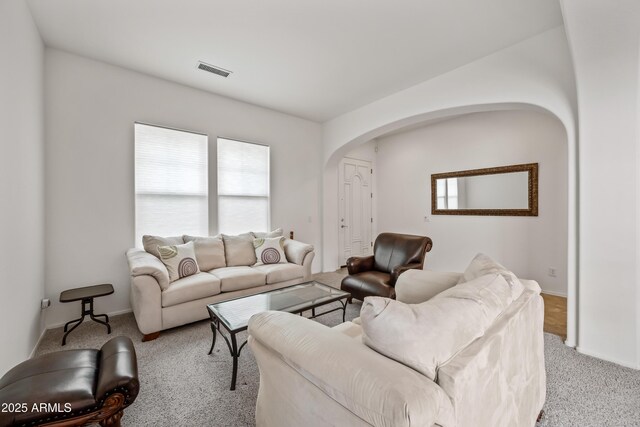 19242 W Pasadena Ave, Litchfield Park, AZ 85340 - living room featuring arched walkways, light carpet, and healthy amount of natural light