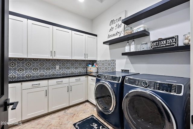 washroom featuring independent washer and dryer, light parquet flooring, and cabinets