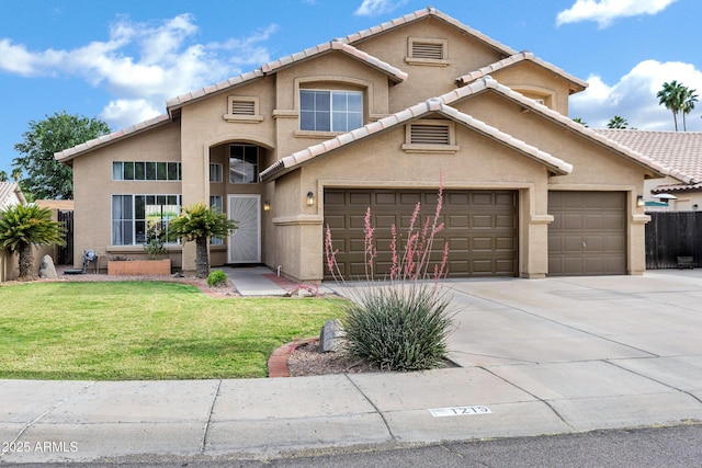 traditional-style home featuring a front lawn, stucco siding, concrete driveway, an attached garage, and a tile roof