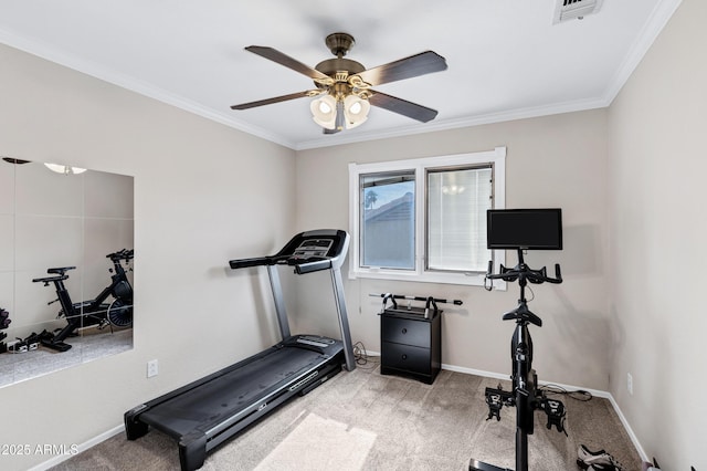 workout room featuring light colored carpet, baseboards, and visible vents