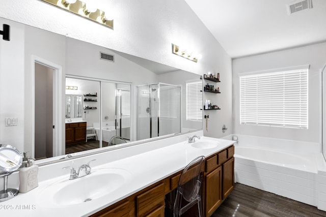 bathroom with visible vents, a sink, a stall shower, and double vanity