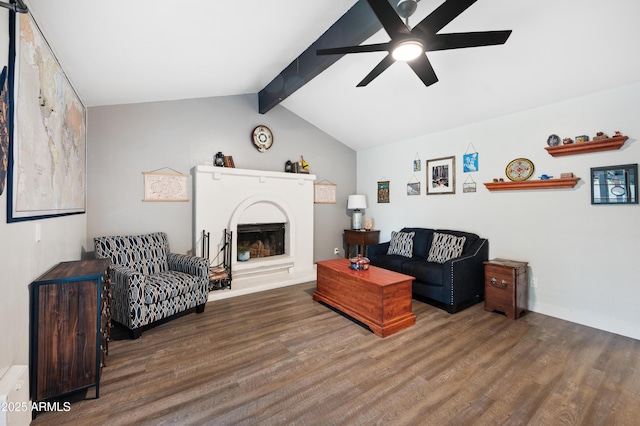 living room featuring lofted ceiling with beams, ceiling fan, and dark hardwood / wood-style flooring