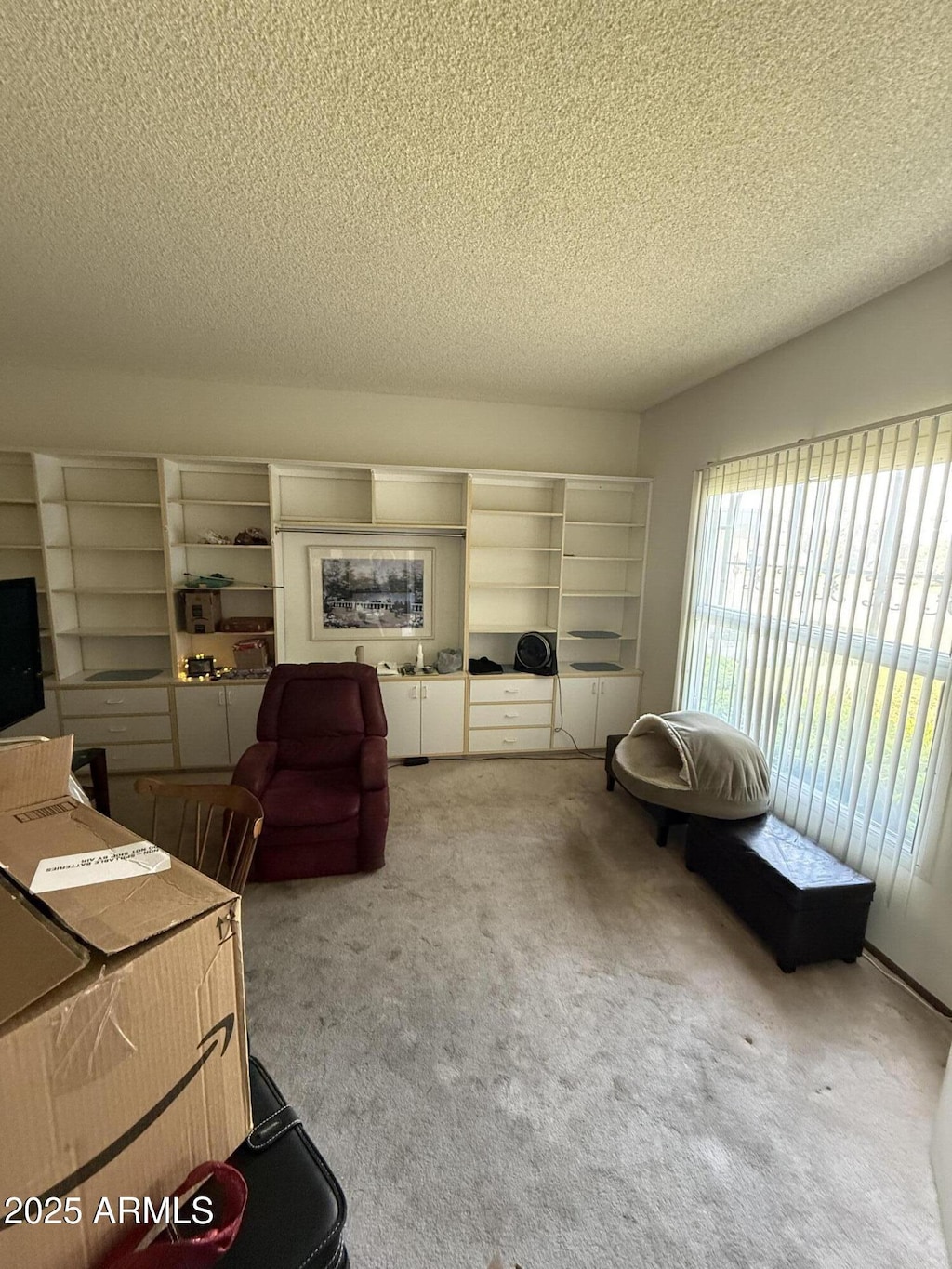 carpeted living area with a textured ceiling
