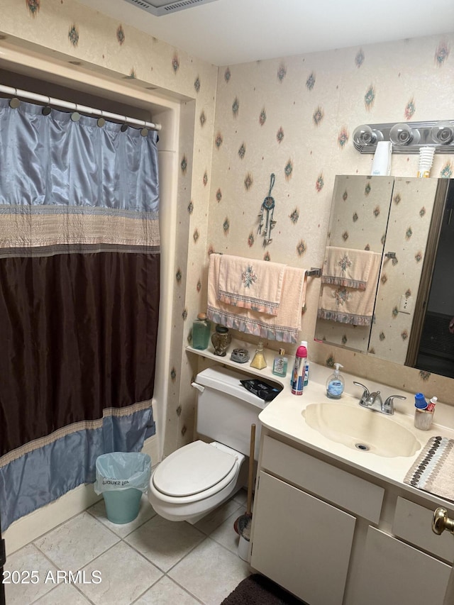 bathroom featuring tile patterned flooring, vanity, toilet, wallpapered walls, and a shower with curtain
