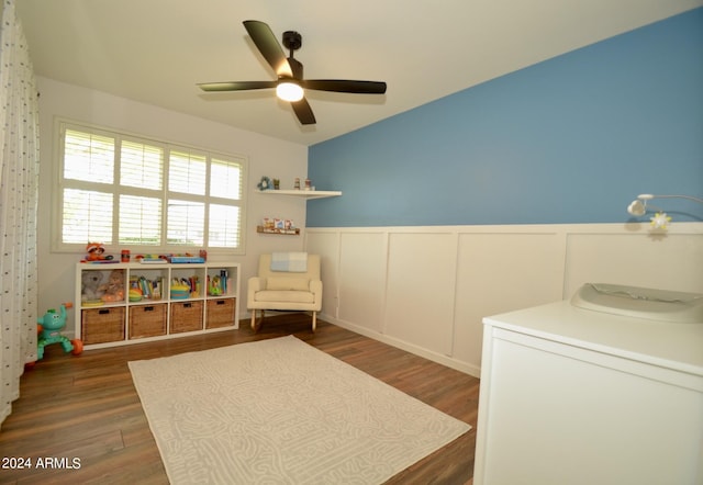 bedroom featuring dark wood-type flooring and ceiling fan