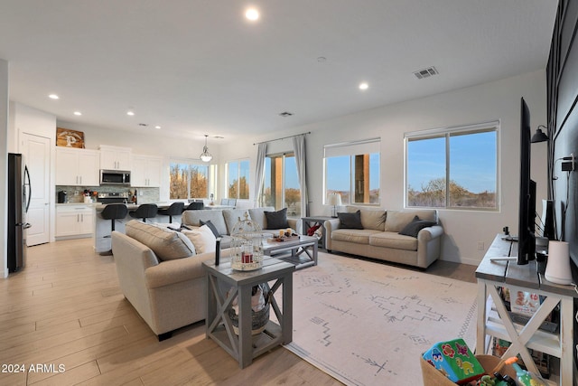 living room with light hardwood / wood-style flooring