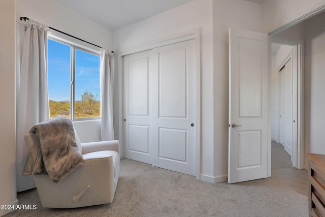 sitting room featuring light colored carpet