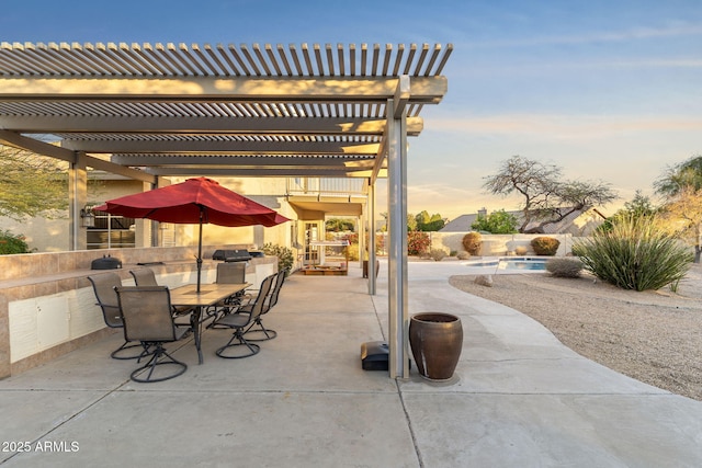 view of patio with grilling area, an outdoor pool, outdoor dining area, and a pergola