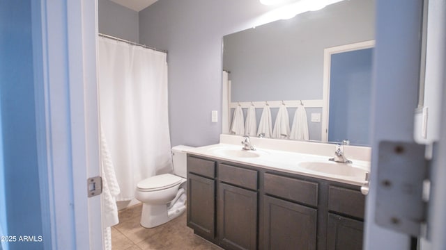 18269 W Vogel Ave, Waddell, AZ 85355 - bathroom with double vanity, toilet, tile patterned flooring, and curtained shower