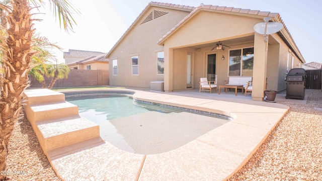 18269 W Vogel Ave, Waddell, AZ 85355 - view of swimming pool featuring a patio area, ceiling fan, a fenced backyard, and area for grilling