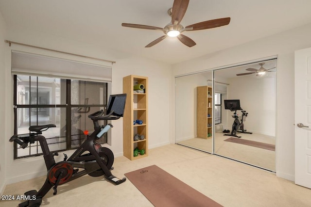 exercise area with carpet and ceiling fan