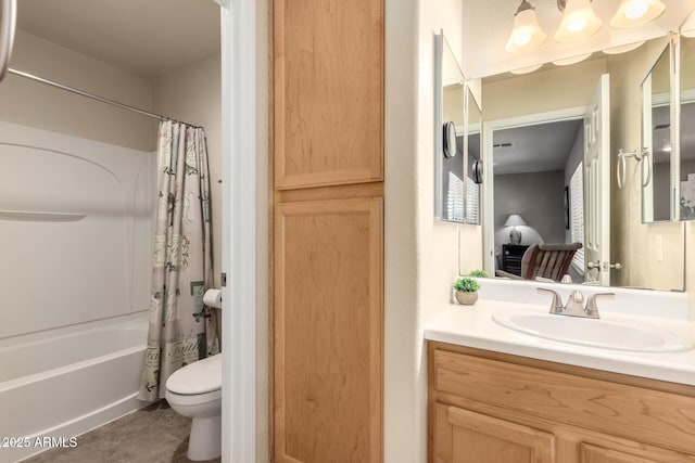 full bathroom with vanity, toilet, and shower / bathtub combination with curtain