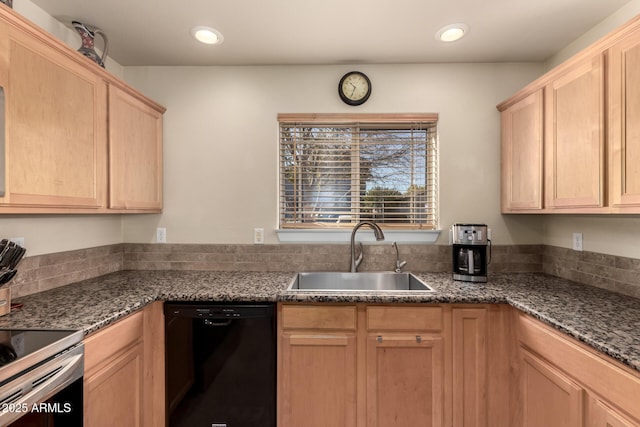 kitchen with dishwasher, dark stone counters, light brown cabinetry, sink, and stainless steel electric range