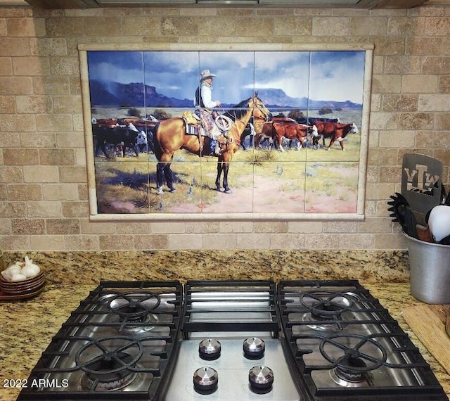 interior details with stone counters and stainless steel gas stovetop