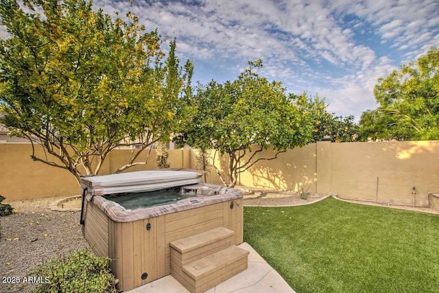 view of yard featuring a hot tub