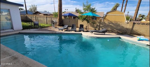 view of swimming pool featuring a grill