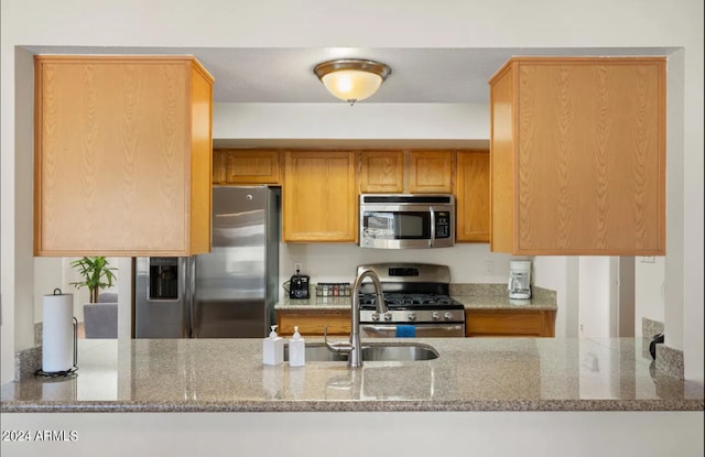 kitchen with light stone countertops, sink, and stainless steel appliances