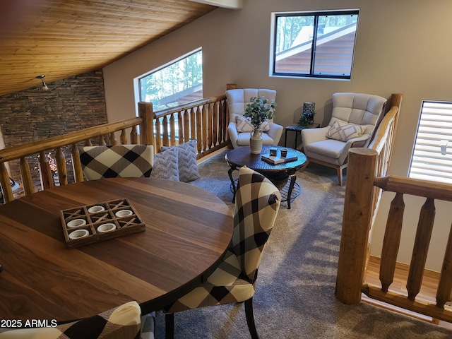 2978 Timberline Rd, Pinetop, AZ 85935 - dining room featuring wooden ceiling, carpet, and lofted ceiling