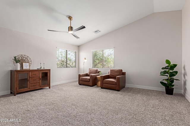 33287 N Windmill Run, San Tan Valley, AZ 85144 - living area featuring lofted ceiling, a ceiling fan, baseboards, and carpet floors