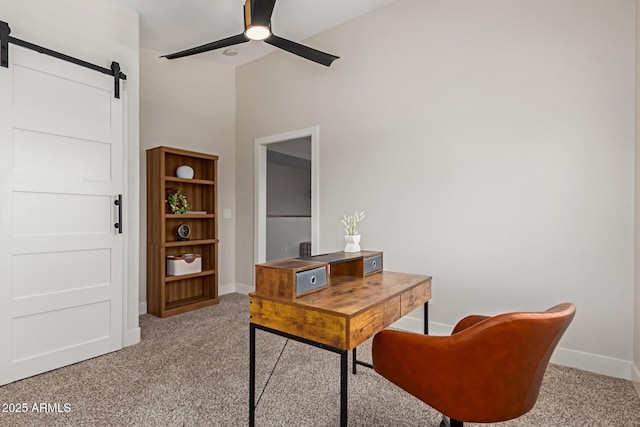 33287 N Windmill Run, San Tan Valley, AZ 85144 - home office with carpet, ceiling fan, a barn door, and baseboards