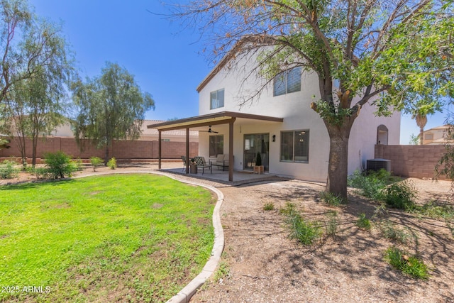 33287 N Windmill Run, San Tan Valley, AZ 85144 - back of house featuring ceiling fan, stucco siding, a patio area, and cooling unit
