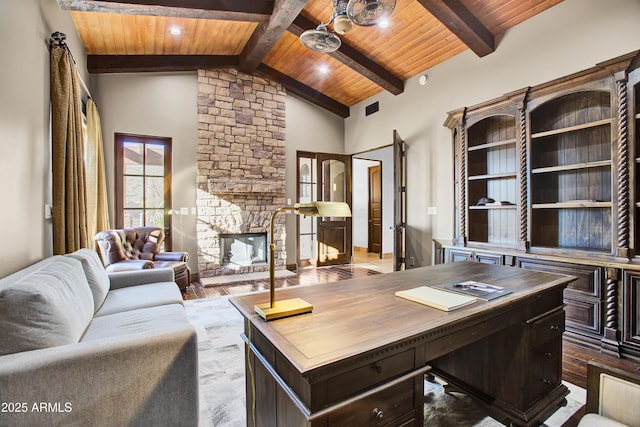 office with a fireplace, visible vents, wood ceiling, high vaulted ceiling, and beamed ceiling