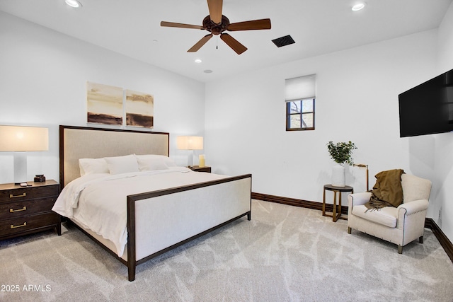 bedroom with recessed lighting, baseboards, ceiling fan, and light colored carpet