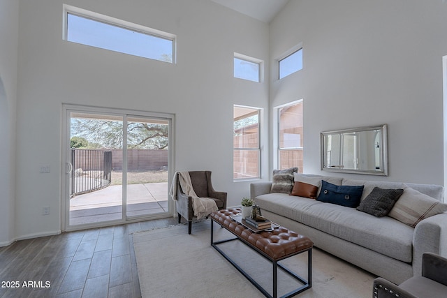 living area with a high ceiling and wood finished floors