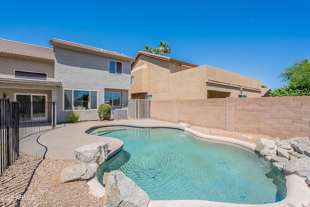 view of pool with central AC, a patio area, a fenced in pool, and a fenced backyard