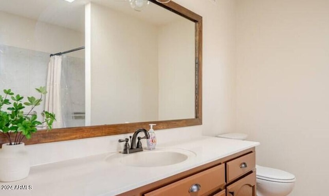 bathroom with vanity, curtained shower, and toilet