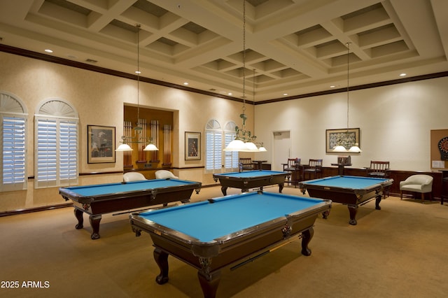 playroom with a towering ceiling, pool table, coffered ceiling, carpet flooring, and beamed ceiling