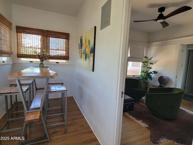 405 Powell St, Bisbee, AZ 85603 - dining area featuring wood finished floors, a ceiling fan, baseboards, and electric panel