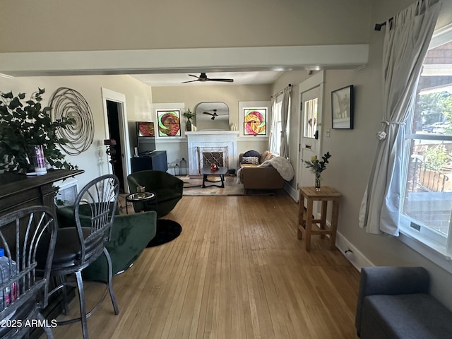 405 Powell St, Bisbee, AZ 85603 - living room featuring ceiling fan, wood finished floors, and a fireplace