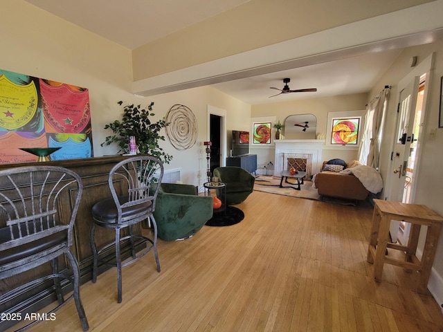 405 Powell St, Bisbee, AZ 85603 - living room featuring hardwood / wood-style flooring, a fireplace, and a ceiling fan