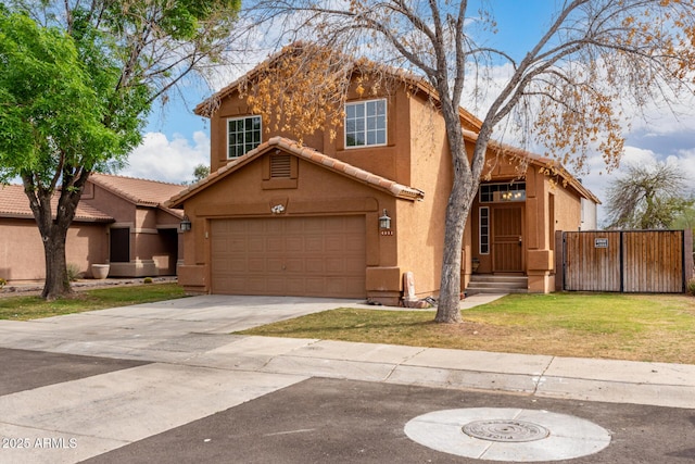 view of front of property featuring stucco siding, a front lawn, driveway, a tile roof, and a garage